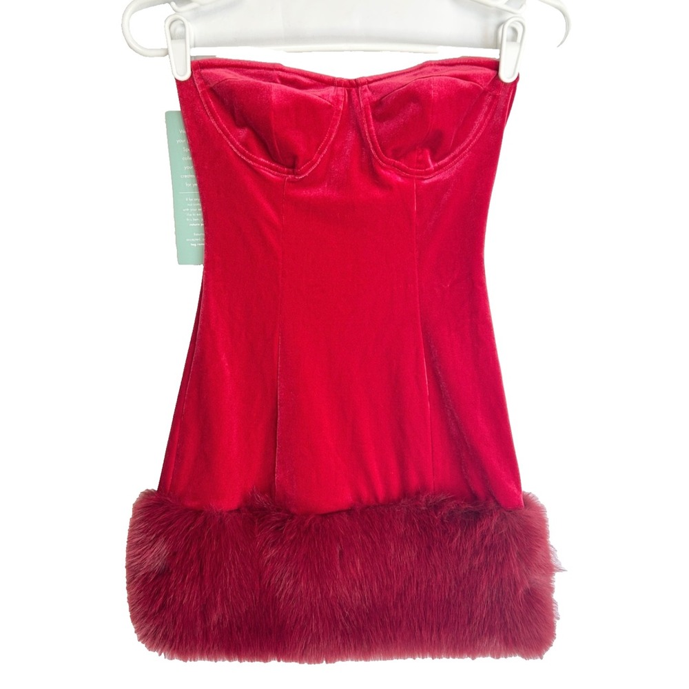 Johnny Wujek Velvet Fur Hem Corset Glam Coquette Bustier Mini Dress Women 0 XS